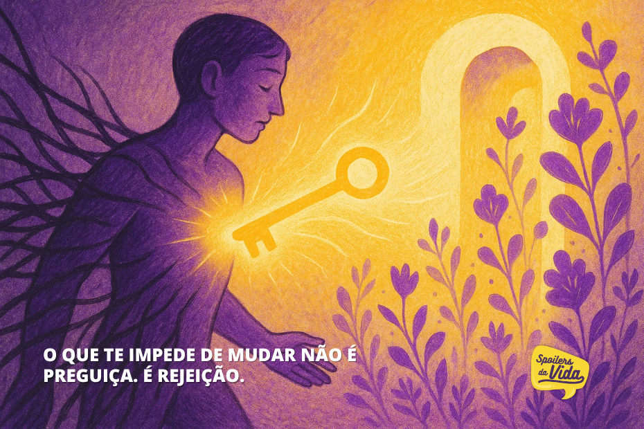 Ilustração vetorial simbólica de uma figura humana roxa, com expressão introspectiva, posicionada à esquerda da imagem. Do centro do peito da figura, uma luz dourada emana com uma chave brilhante apontando para uma porta iluminada ao fundo, cercada por flores roxas em crescimento. A figura está envolta por sombras escuras que se afastam conforme a luz da chave se expande. Embaixo, lê-se a frase: “O que te impede de mudar não é preguiça. É rejeição.” No canto inferior direito está a marca da série “Spoilers da Vida”.