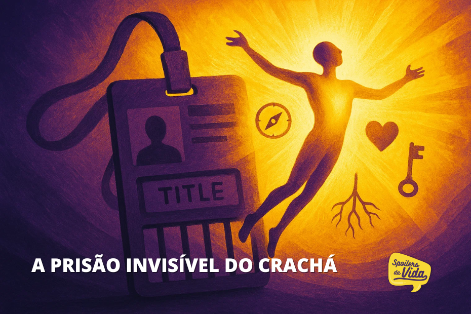 Ilustração vetorial mostrando um crachá grande em tons escuros com a palavra “TITLE” no centro, representando o cargo profissional. Ao lado, uma figura humana em roxo se liberta, iluminada por uma luz intensa em tons de amarelo, com símbolos de bússola, coração, chave e raízes ao redor. A cena sugere a libertação da identidade limitada ao cargo. Na parte inferior, o texto: “A PRISÃO INVISÍVEL DO CRACHÁ”. No canto inferior direito, a logo da série “Spoilers da Vida”.