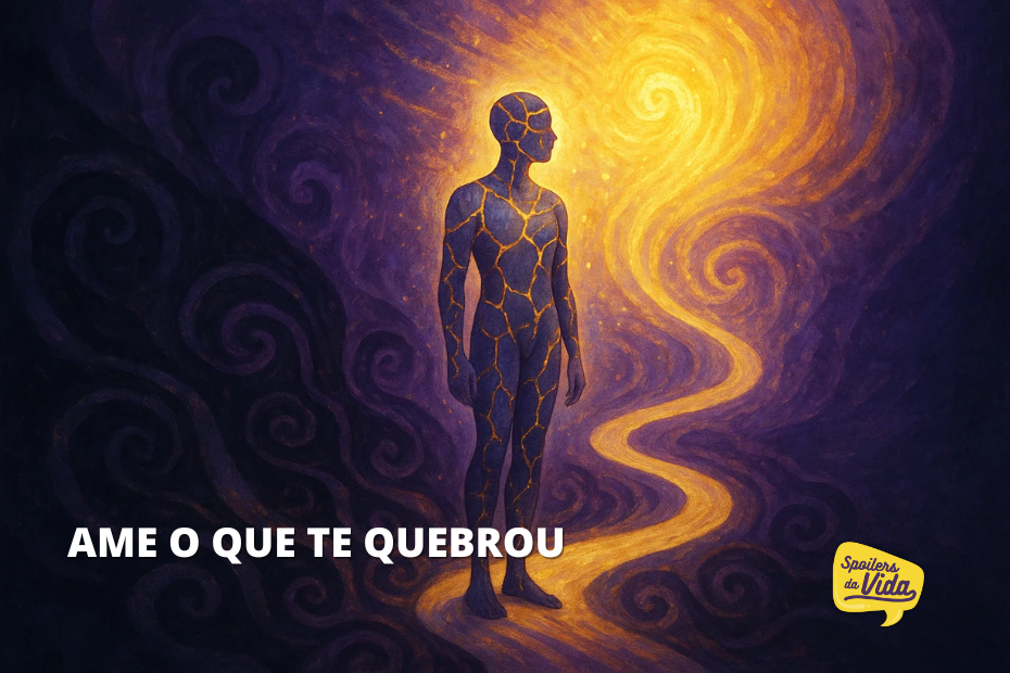 Pessoa feita de fragmentos dourados em fundo escuro e iluminado, simbolizando cura e crescimento. Texto: “Ame o que te quebrou”.