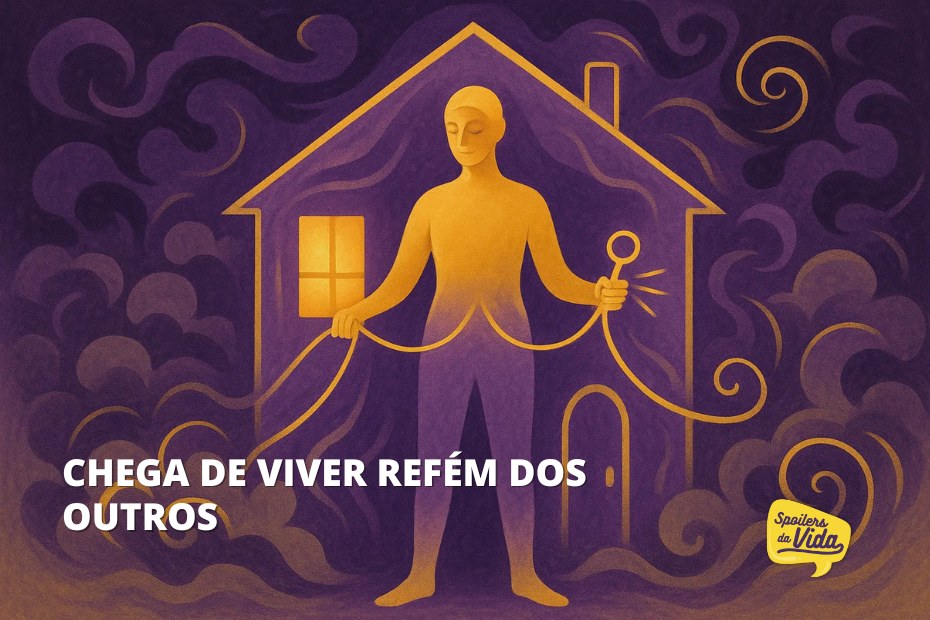Ilustração vetorial de uma figura humana em pé no centro de uma casa delineada por traços luminosos amarelo-alaranjados. A figura segura nas mãos dois cabos desconectados, como se tivesse acabado de se libertar de algo. Ao redor da casa, espirais escuras simbolizam a pressão externa e influências negativas. A paleta predominante é roxa com tons de amarelo queimado. Embaixo, a frase: “Chega de viver refém dos outros”. No canto inferior direito, o selo da série “Spoilers da Vida”.