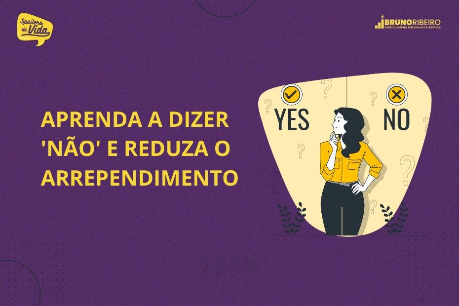 Mulher pensando com duas opções acima dela: "Yes" à esquerda e "No" à direita, com o título "Aprenda a Dizer 'Não' e Reduza o Arrependimento"