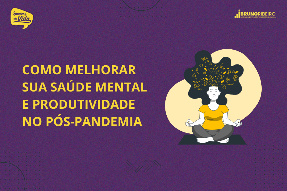 Ilustração de uma mulher meditando com o título 'Como Melhorar Sua Saúde Mental e Produtividade no Pós-Pandemia' em fundo roxo