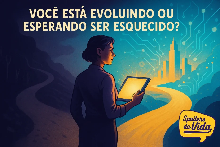 Pessoa em pé segurando um tablet iluminado, olhando para um caminho dourado que leva a uma cidade futurista, com circuitos tecnológicos no céu. À esquerda, um caminho escuro e tortuoso representa a estagnação. Texto na imagem: “Você está evoluindo ou esperando ser esquecido?”. Logo do podcast “Spoilers da Vida” no canto inferior direito.