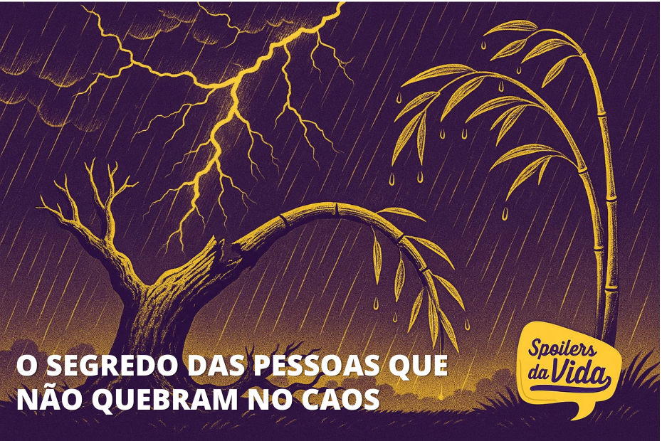 Ilustração de um cenário chuvoso com raios e vento. À esquerda, uma árvore seca e quebrada; à direita, um bambu curvado pela tempestade, mas intacto. A imagem representa a ideia de resiliência diante do caos.