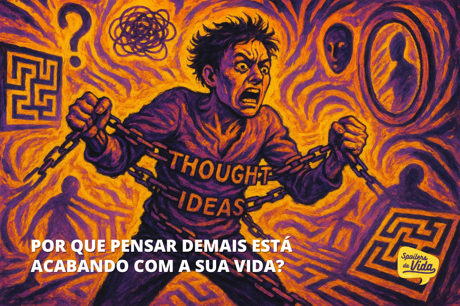 Ilustração de um homem em desespero, preso por correntes que saem das palavras "Thought" e "Ideas" em seu peito, simbolizando prisão mental. O fundo é preenchido por labirintos, rostos sombrios e símbolos de confusão, representando o caos interno. A legenda diz: “Por que pensar demais está acabando com a sua vida?”
