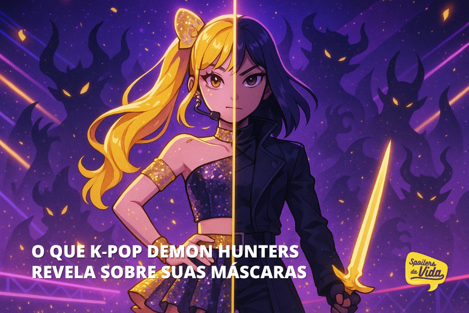 Ilustração estilizada de uma personagem dividida ao meio: à esquerda, uma garota loira com roupa brilhante de K-pop; à direita, a mesma garota com cabelo escuro, expressão séria e uma espada dourada em mãos. Ao fundo, silhuetas sombrias de demônios cercam a cena. A frase na imagem diz: “O que K-Pop Demon Hunters revela sobre suas máscaras”. No canto inferior direito, o selo “Spoilers da Vida”.