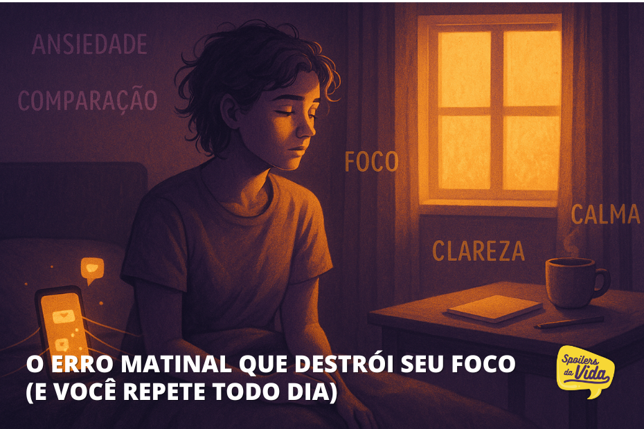 Pessoa sentada na cama ao amanhecer, com expressão pensativa, dividida entre o celular com notificações brilhantes e uma mesa com caderno e café, em ambiente iluminado em tons de roxo e amarelo, com palavras como “ansiedade”, “foco” e “clareza” flutuando ao redor.