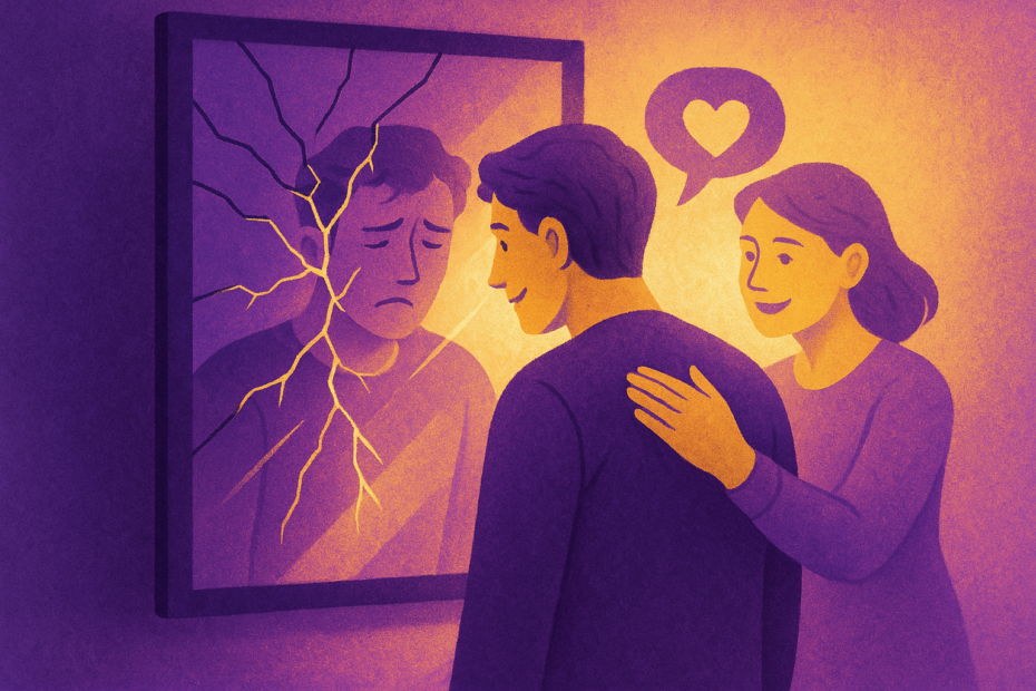 Ilustração em tons de roxo e amarelo mostrando um homem olhando para um espelho rachado, onde seu reflexo está triste. Atrás dele, uma mulher sorri e o conforta com a mão no ombro, enquanto um balão de fala em forma de coração flutua sobre ela, simbolizando apoio emocional.