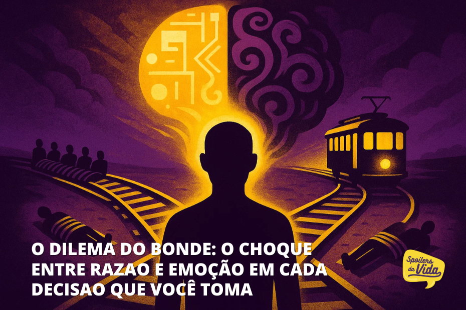 Ilustração em roxo e amarelo do dilema do bonde: uma pessoa em silhueta diante de trilhos que se dividem, um bonde à direita e grupos de pessoas sobre os trilhos à esquerda e à frente. No céu, cérebro e circuitos representando emoção e razão.