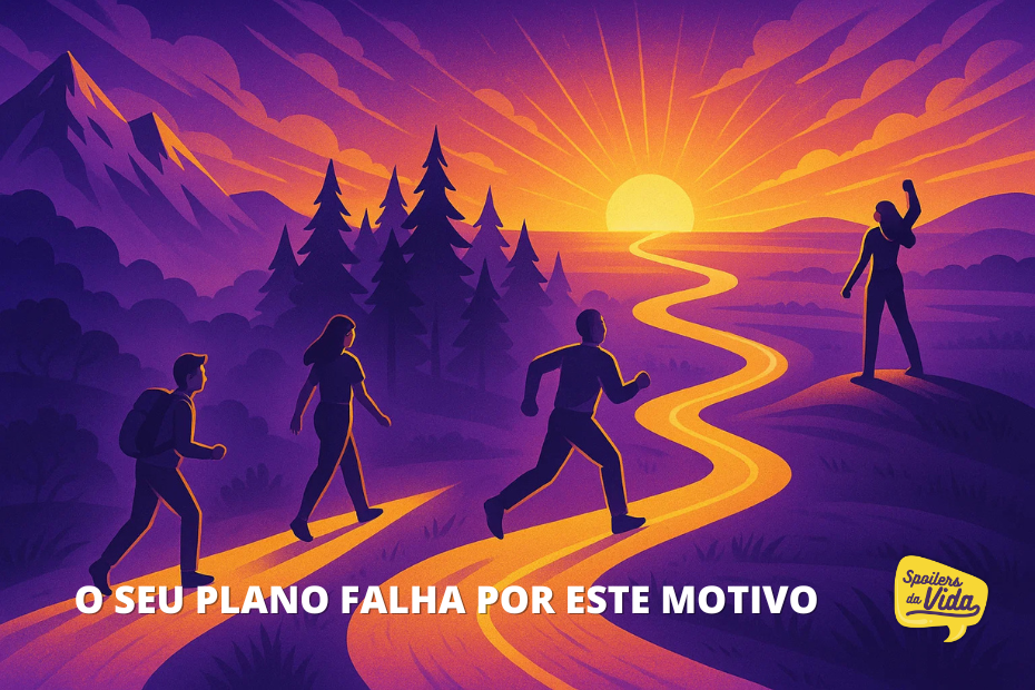 Ilustração de três pessoas caminhando em direção a um caminho sinuoso iluminado pelo sol nascente, enquanto uma figura no topo de uma colina celebra a conquista. O cenário é formado por montanhas, árvores e um pôr ou nascer do sol em tons roxos e alaranjados.