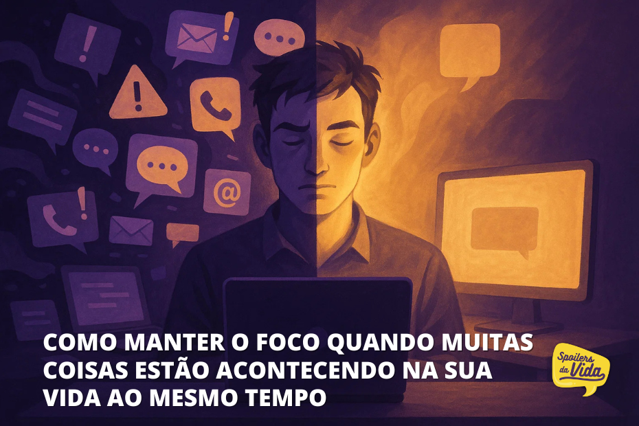 Ilustração de um homem de olhos fechados, dividido entre dois lados: à esquerda, símbolos de notificações digitais como mensagens, e-mails e alertas em tons de roxo; à direita, um ambiente calmo em tons quentes, com um computador ao fundo. A imagem representa o contraste entre o caos da hiperconectividade e o foco interior.