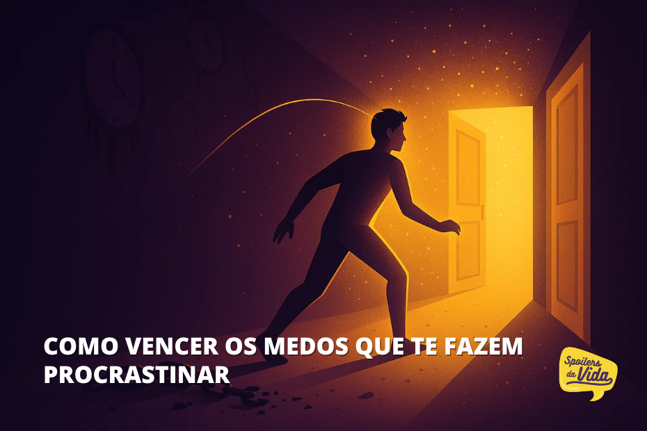 Ilustração de uma pessoa caminhando em direção a uma porta iluminada, simbolizando a superação do medo e da procrastinação.