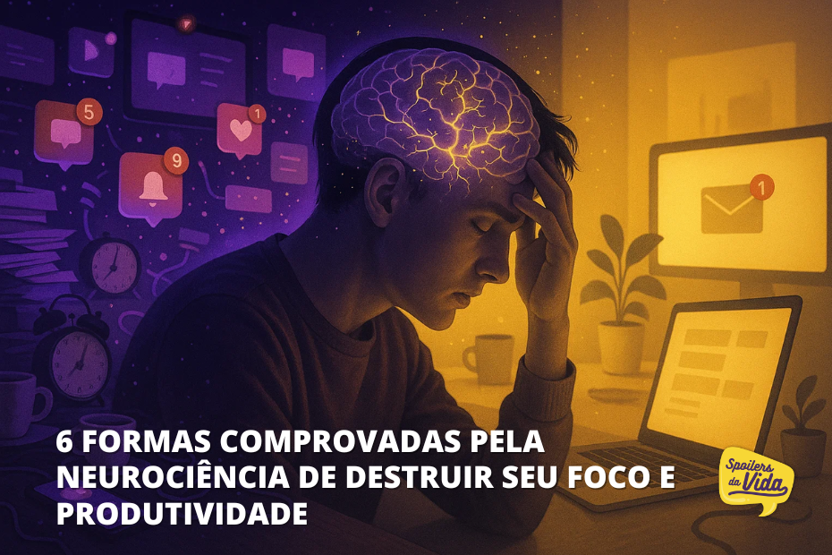Homem com expressão de cansaço apoia a cabeça enquanto trabalha em frente ao notebook, cercado por notificações digitais. Um cérebro iluminado simboliza a sobrecarga mental causada pelo excesso de estímulos. Cores roxo e amarelo destacam o contraste entre distração e foco. Texto na imagem: “6 formas comprovadas pela neurociência de destruir seu foco e produtividade”.