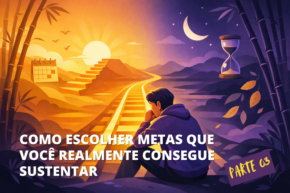 Pessoa sentada à beira de trilhos iluminados em amarelo, observando um caminho que segue do amanhecer ao entardecer, simbolizando constância e resiliência.