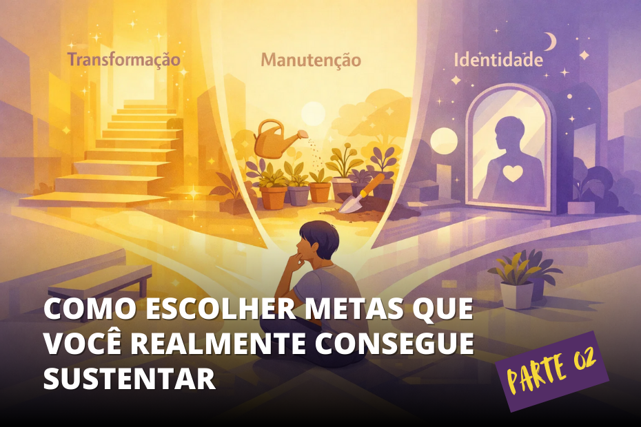 Pessoa sentada em encruzilhada refletindo sobre três caminhos: transformação com escadas ascendentes, manutenção com plantas sendo cuidadas, e identidade representada por um espelho com silhueta humana. Ilustração digital em tons de amarelo e roxo.