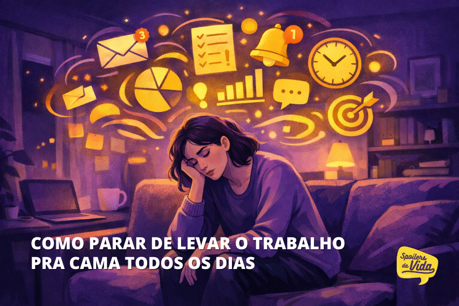 Ilustração de uma pessoa sentada no sofá à noite, com expressão de cansaço, enquanto ícones de trabalho flutuam sobre sua cabeça, simbolizando dificuldade de desligar do trabalho.