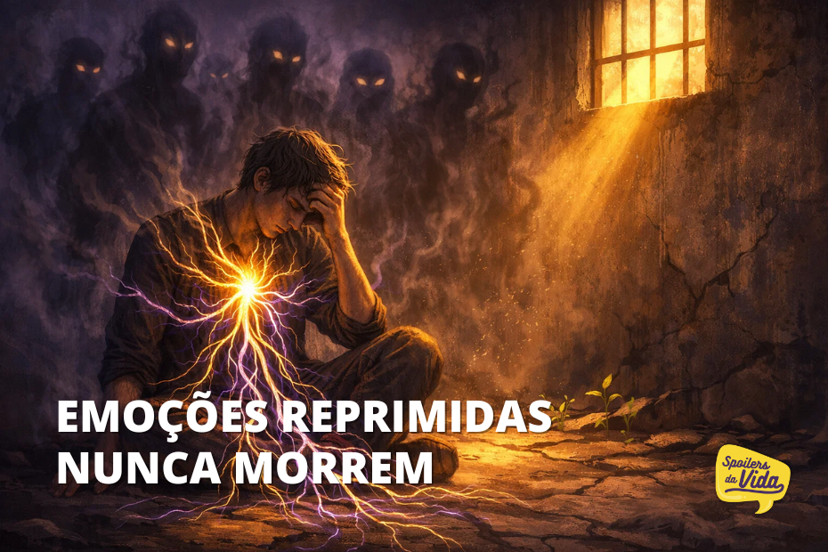 Homem sentado no chão, com expressão de dor emocional, enquanto luzes saem de seu peito; sombras observam ao fundo e um feixe de luz entra pela janela.