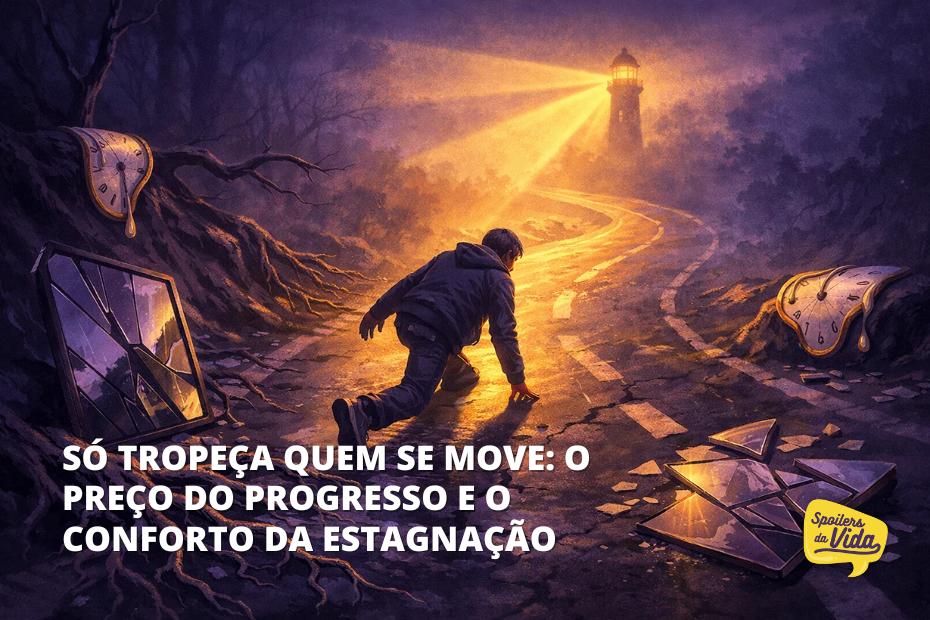 Pessoa ajoelhada no chão de uma estrada iluminada por farol ao fundo, cercada por espelhos quebrados e relógios derretendo, simbolizando tropeços, julgamento e o tempo. Cores predominantes roxo e amarelo.