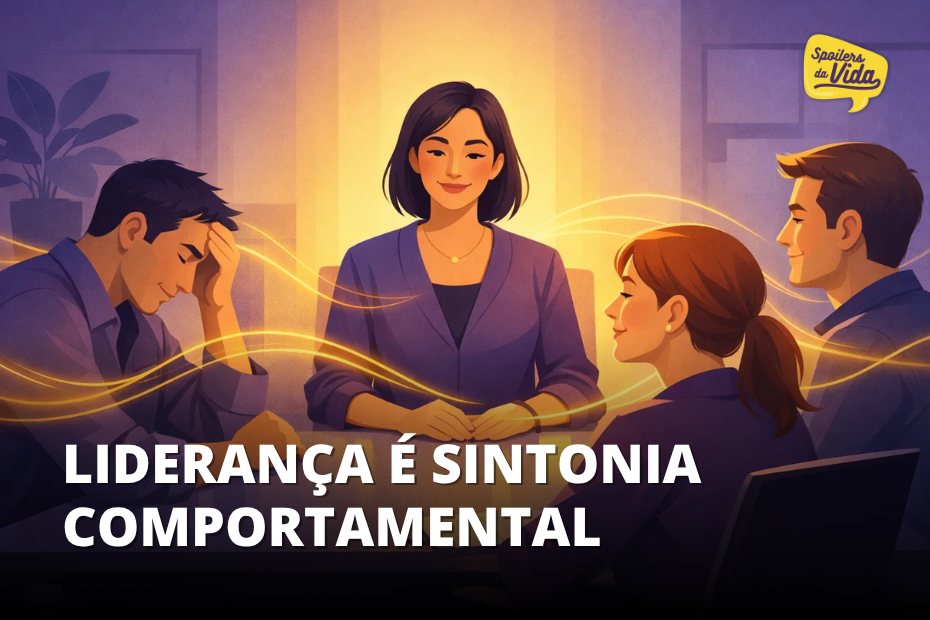 Ilustração de liderança mostrando uma gestora transmitindo calma e segurança enquanto influencia emocionalmente sua equipe em reunião.