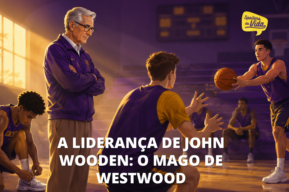 Técnico de basquete orienta jovens atletas em quadra, com luz amarela destacando cooperação, liderança e foco no processo.