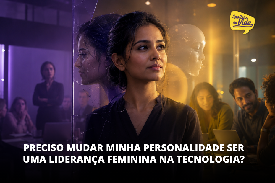 Mulher em ambiente de tecnologia entre pressão e colaboração, com chamada sobre liderança feminina na tecnologia.