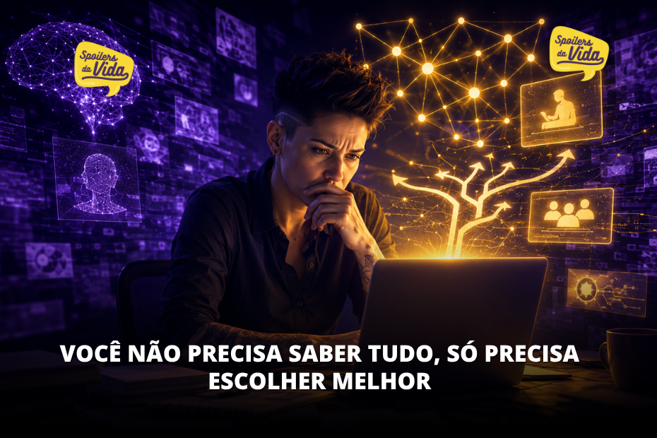 Pessoa pensativa diante de um laptop, cercada por elementos digitais e conexões de IA, com o texto “Você não precisa saber tudo, só precisa escolher melhor”.