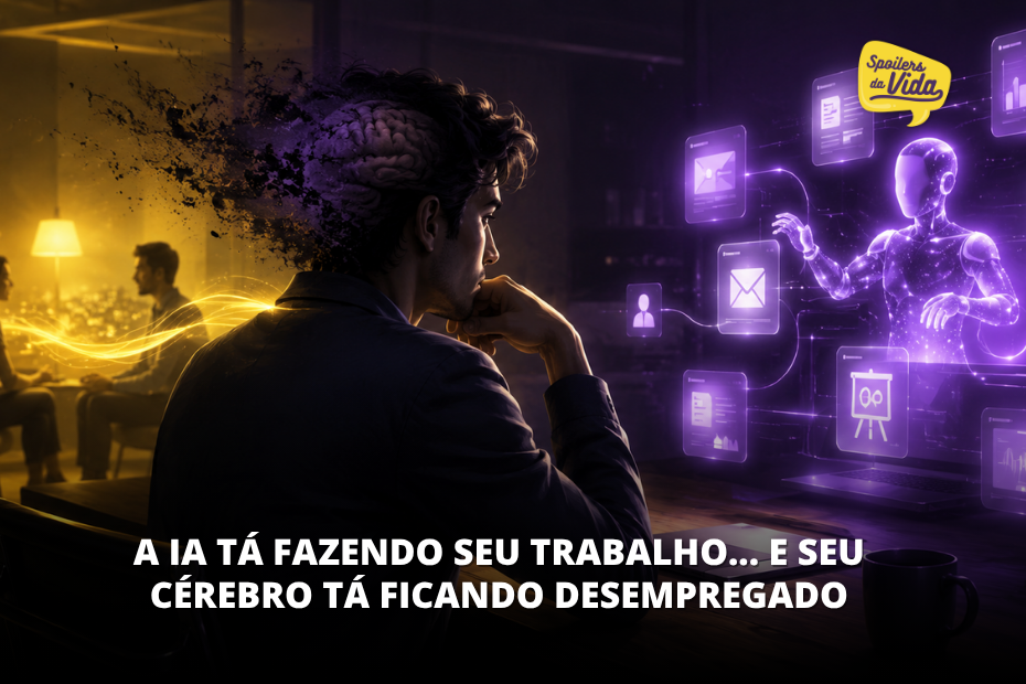 Pessoa diante de uma IA holográfica enquanto parte do cérebro se desfaz, representando o impacto da inteligência artificial no pensamento crítico.