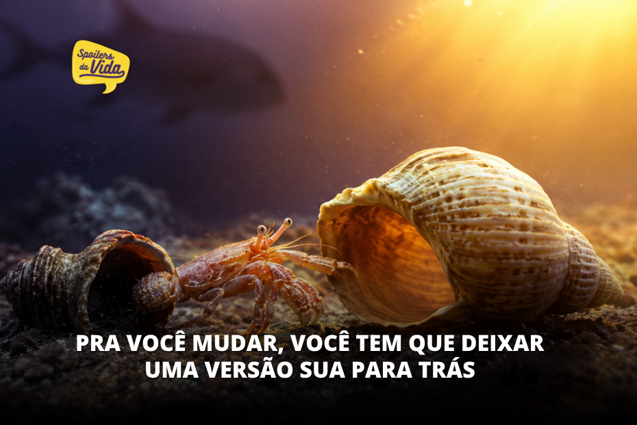 Caranguejo-eremita entre uma concha antiga e outra maior, simbolizando crescimento na liderança, mudança e transformação pessoal.
