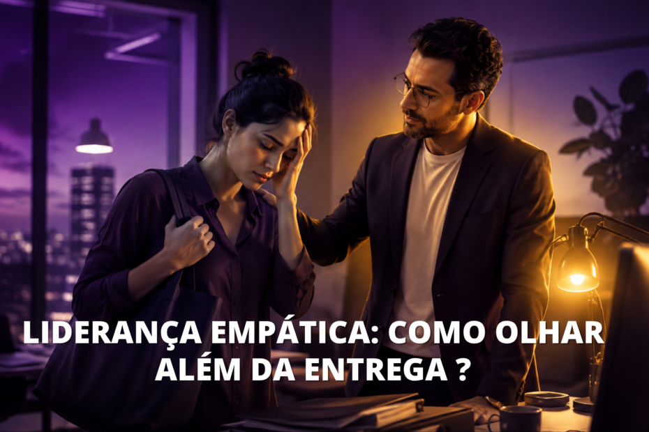 Líder demonstra empatia ao apoiar uma profissional visivelmente cansada em um escritório, com iluminação roxa e amarela.