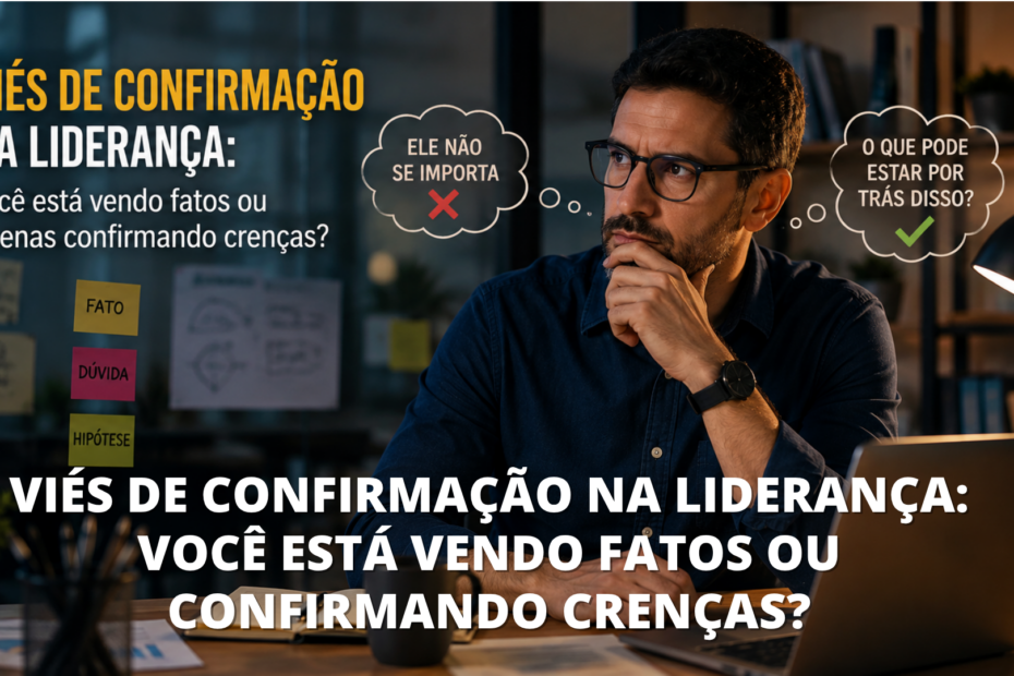 Líder reflete sobre fatos, hipóteses e interpretações antes de tomar uma decisão sobre outra pessoa no ambiente de trabalho.